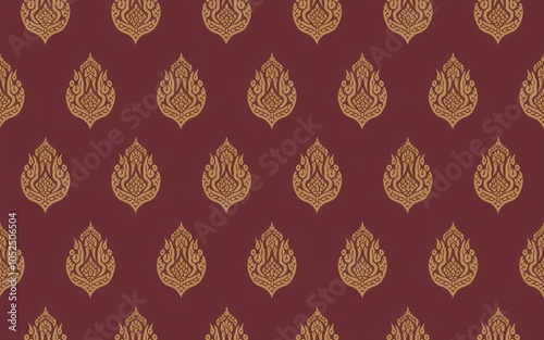 Seamless Golden Thai Kranok Pattern on Maroon, with intricately detailed motifs that form a visually striking and rhythmic design. photo