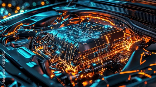 A vibrant, futuristic view of a car engine with glowing circuitry set against a sleek, dark background.