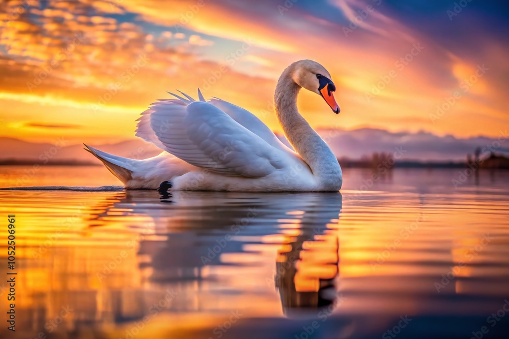 Fototapeta premium Tranquil Swan on Calm Waters: Serene Low Light Nature Photography for Peaceful Atmosphere