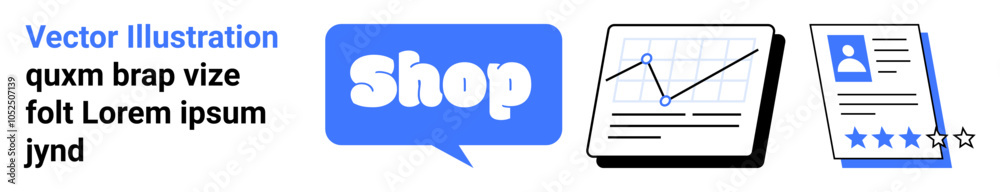 A shopping speech bubble, a financial graph, and a customer review card. Ideal for e-commerce, marketing, data analysis, customer reviews, and online shopping. Banner for landing page A shopping speech bubble, a financial graph, and a customer review card. Ideal for e-commerce, marketing, data analysis, customer reviews, and online shopping. Banner for landing page