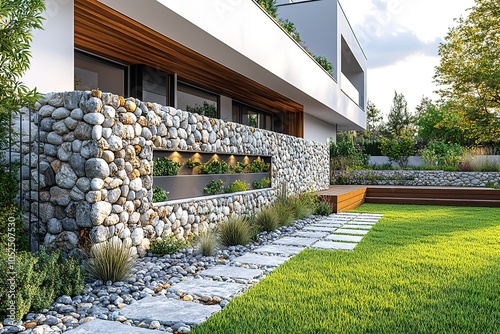 A modern home with a stone wall and lush green lawn.