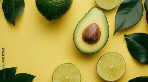 A perfectly sliced avocado showcases its creamy flesh and large pit, surrounded by fresh lime slices and vibrant green leaves, all on a sunny yellow surface photo