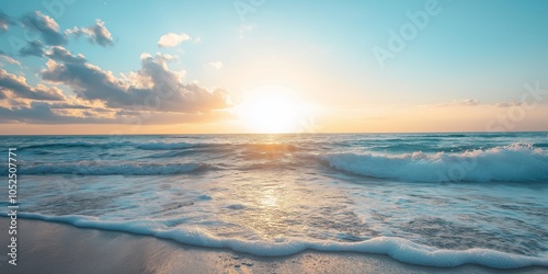 A picturesque sunset over a calm ocean with gentle waves, capturing the essence of tranquility and natural beauty.