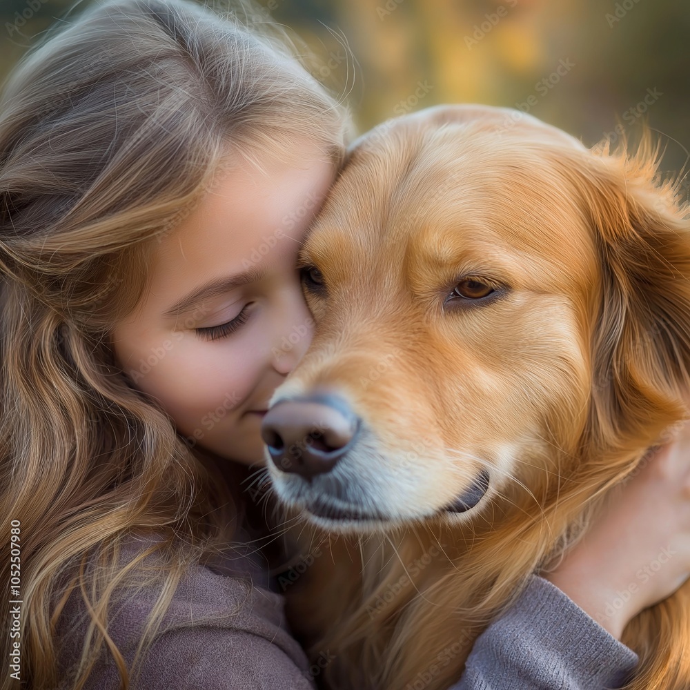 A young girl embraces her golden retriever, displaying warmth and affection. A young girl embraces her golden retriever, displaying warmth and affection.