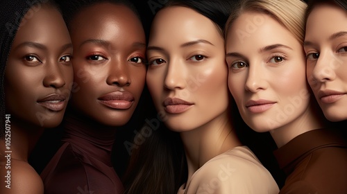 A close-up portrait features a group of diverse women with varied skin tones, celebrating beauty, diversity, and unity in a harmonious composition.