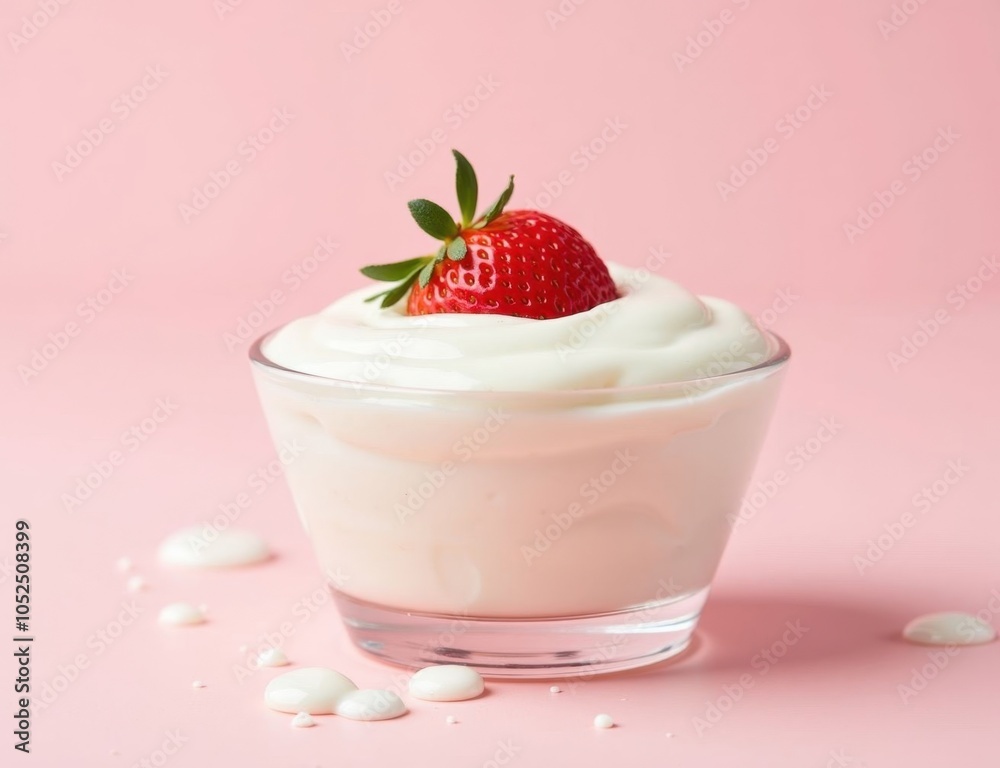 strawberry close-up in a glass saucer yogurt sour cream strawberry close-up in a glass saucer yogurt sour cream