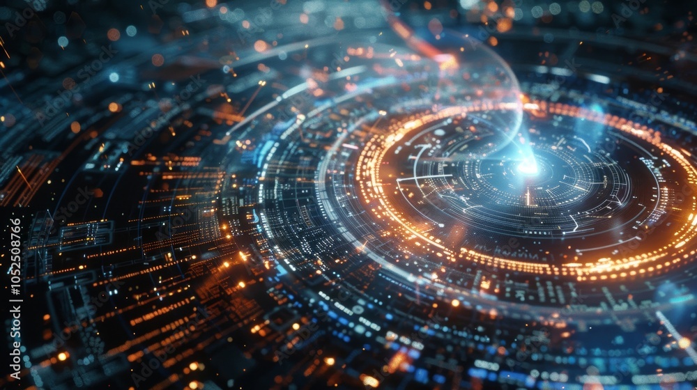 Complex circular interface displaying data analysis and processing, visualized with glowing lines and intricate patterns, representing advanced future technology Complex circular interface displaying data analysis and processing, visualized with glowing lines and intricate patterns, representing advanced future technology