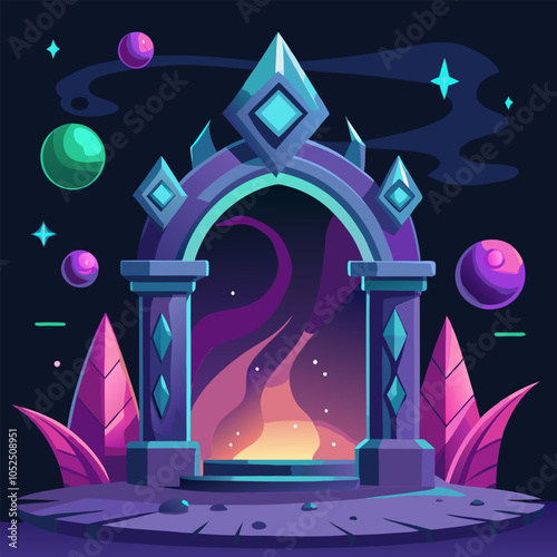 A mystical archway leading to a vibrant cosmic scene, complete with glowing orbs, starry skies, and ethereal plants.  Perfect for fantasy, sci-fi, or magical game assets.