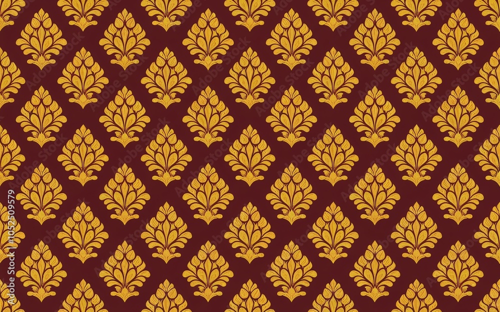 Seamless Golden Thai Kranok Pattern on Maroon, with intricately detailed motifs that form a visually striking and rhythmic design.