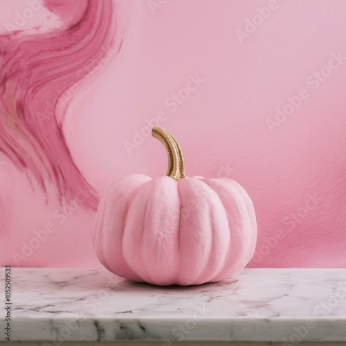 Pink Pumpkin with Golden Stem on Marble Surface