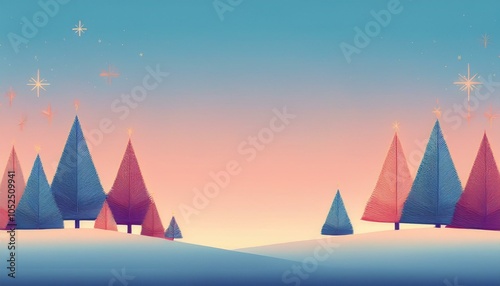 Stylized Winter Landscape with Colorful Pine Trees