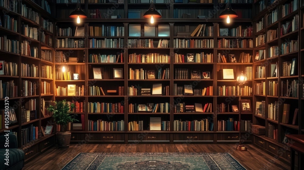 A dark wooden library room with large bookshelves filled with books, illuminated by hanging light bulbs. There is a rug in the center of the room, and a small plant in the corner. A dark wooden library room with large bookshelves filled with books, illuminated by hanging light bulbs. There is a rug in the center of the room, and a small plant in the corner.