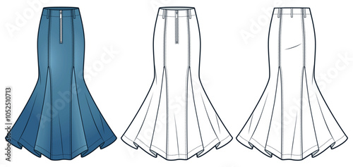 Denim Skirt technical fashion illustration. Godet Skirt fashion flat technical drawing template, maxi, flared, zipper, front and back view, white, blue, women CAD mockup set.