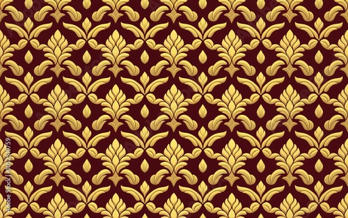 Seamless Golden Thai Kranok Pattern on Maroon, with intricately detailed motifs that form a visually striking and rhythmic design.