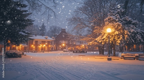 Serene winter scene in a quaint town square with snow laden trees and warm glowing lights photo