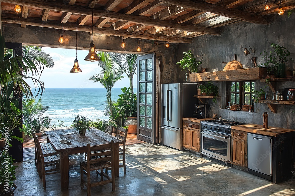 Fototapeta premium Rustic kitchen and dining area with ocean views.