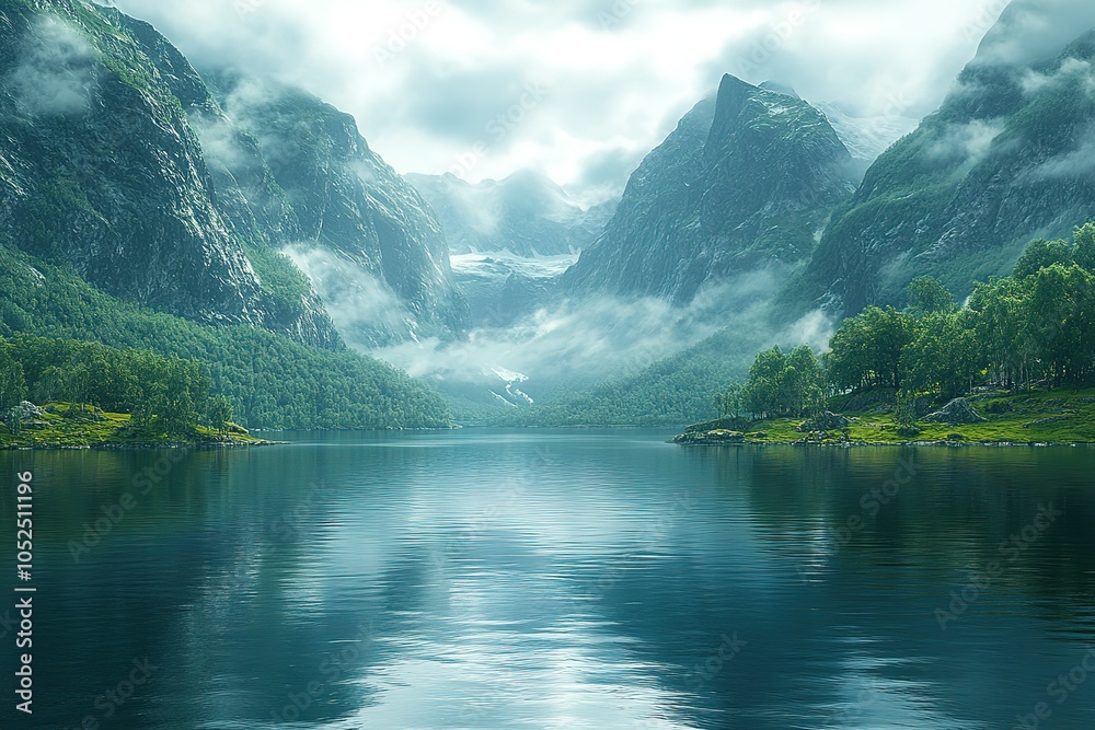 Naklejka premium Serene glacial lake nestled amidst majestic mountains, their peaks shrouded in ethereal mist.