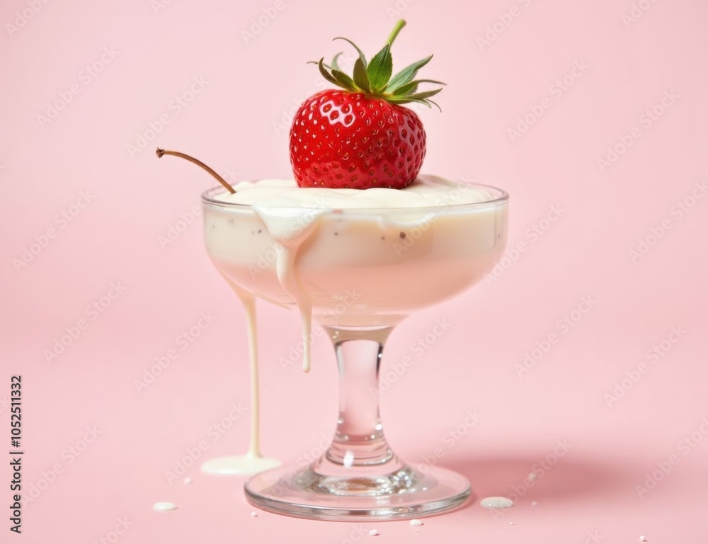 strawberry close-up in a glass saucer yogurt sour cream strawberry close-up in a glass saucer yogurt sour cream
