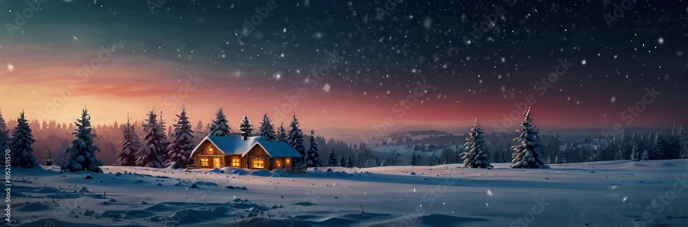 Fototapeta premium Christmas winter background with small house in night