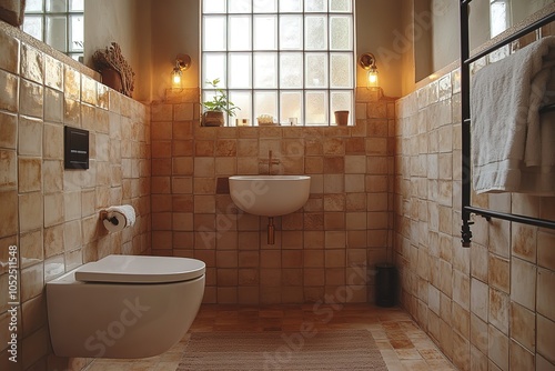 A compact and stylish bathroom with warm-toned tiles and modern fixtures.