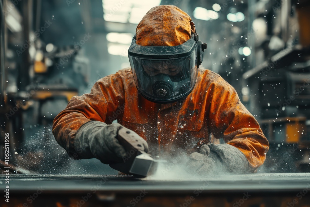 Industrial Worker Grinding Metal in Protective Gear Industrial Worker Grinding Metal in Protective Gear