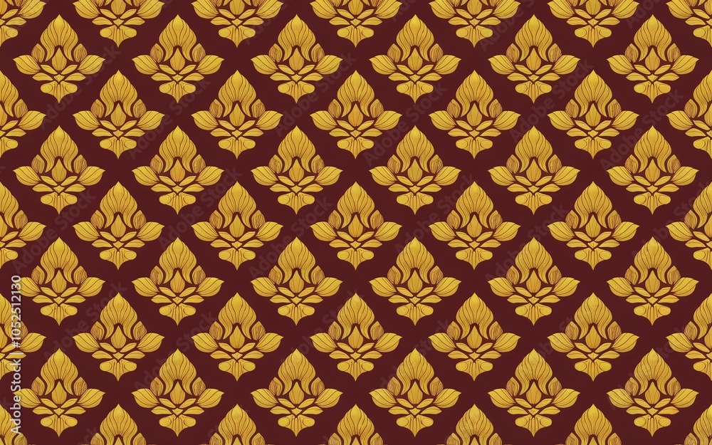 Seamless Golden Thai Kranok Pattern on Maroon, with intricately detailed motifs that form a visually striking and rhythmic design.