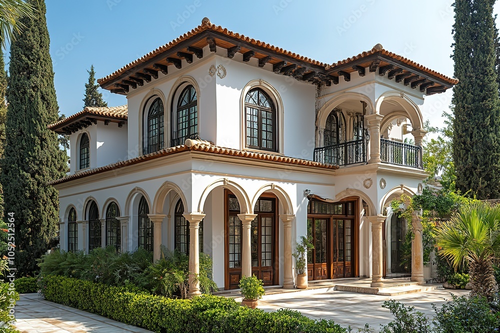 A stunning white villa with a terracotta roof, arched windows and doors, and a balcony. A stunning white villa with a terracotta roof, arched windows and doors, and a balcony.
