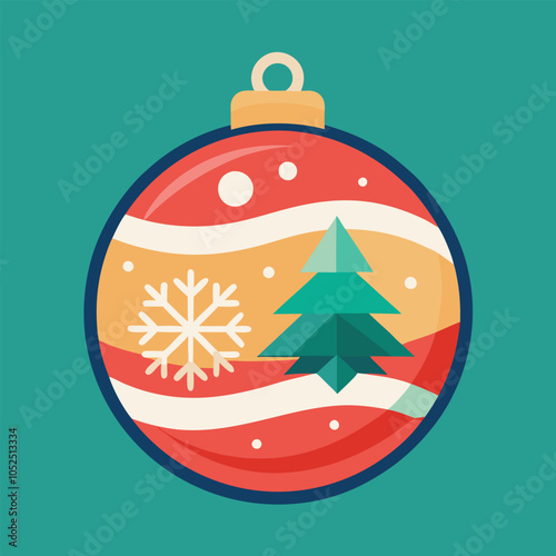 A red and gold Christmas ornament with a snowflake and pine tree.