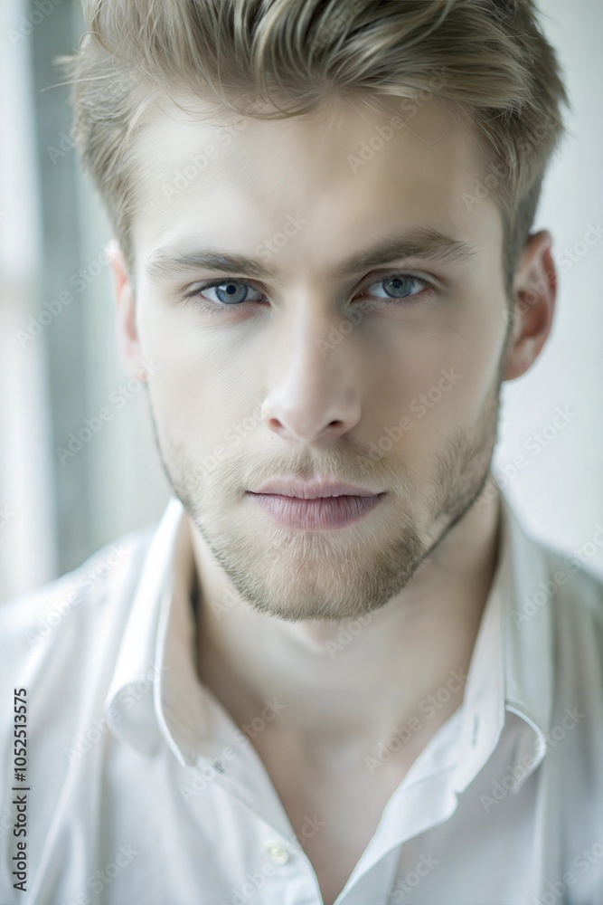 A young man with blonde hair and piercing blue eyes gazes directly at the camera, his expression serious yet engaging, with soft natural light enhancing the atmosphere. Generative AI A young man with blonde hair and piercing blue eyes gazes directly at the camera, his expression serious yet engaging, with soft natural light enhancing the atmosphere. Generative AI