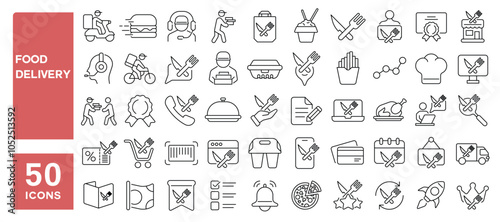 Set of 50 line icons related to food delivery, fast, order, deliver, scooter, bike, feedback, app, menu, Editable stroke. Vector illustration