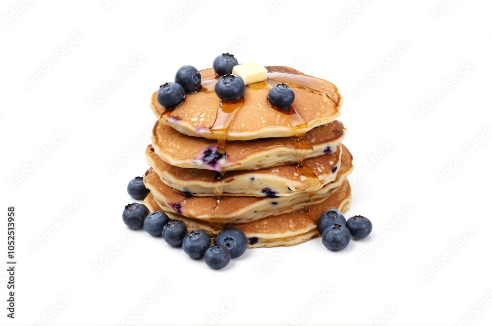 Delicious Stack of Fresh Blueberry Pancakes Topped with Butter and Maple Syrup on White Background Delicious Stack of Fresh Blueberry Pancakes Topped with Butter and Maple Syrup on White Background
