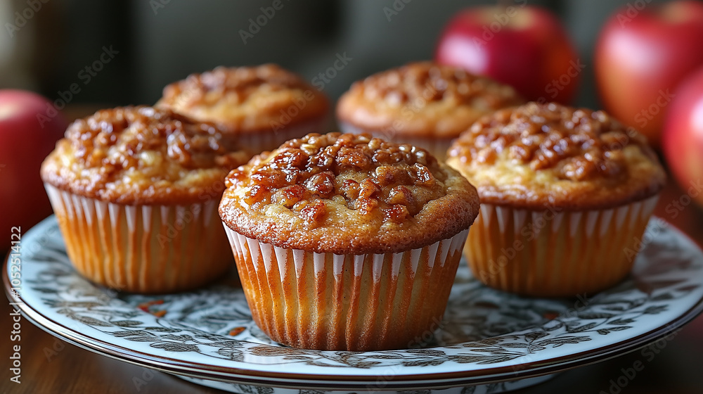 Rustic apple and cinnamon muffins on a fall-themed platter.