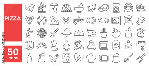 Set of 50 line icons related to pizza, slice, cheese, mushroom, box, oven, cutter, mozzarella, pasta, baker, pie, Editable stroke. Vector illustration
