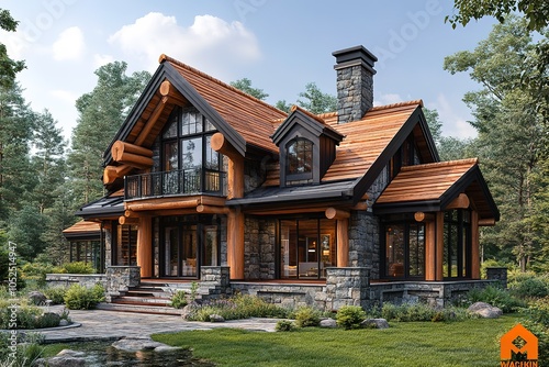 A luxurious log cabin nestled in a serene woodland setting, featuring large windows and a natural stone facade.