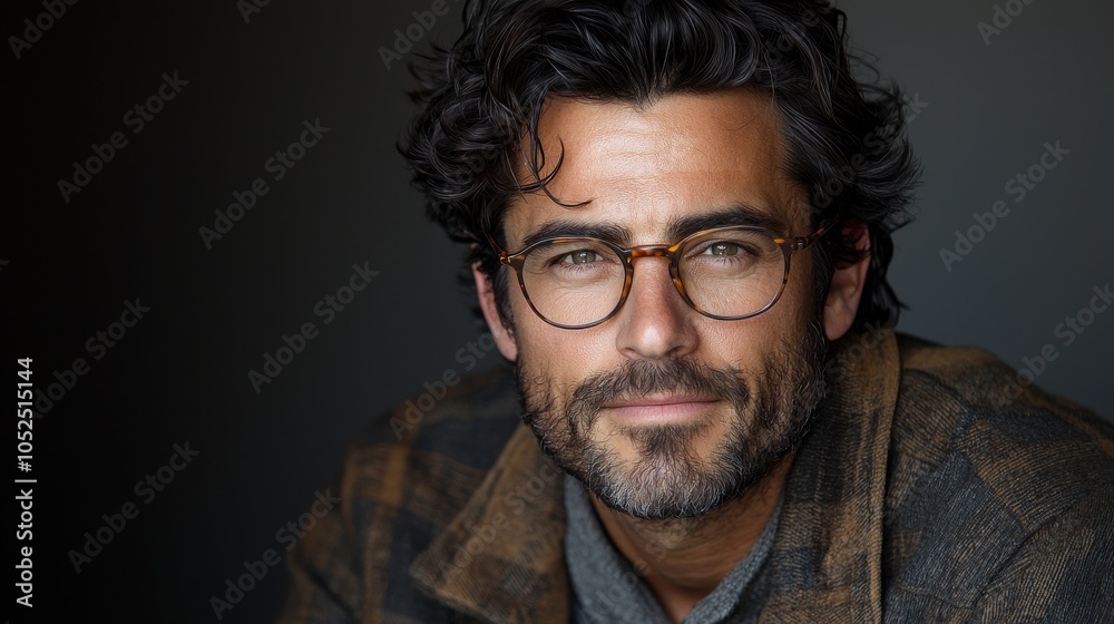 Obraz premium A young man with curly hair and glasses poses confidently against a dark background, showcasing his stylish attire