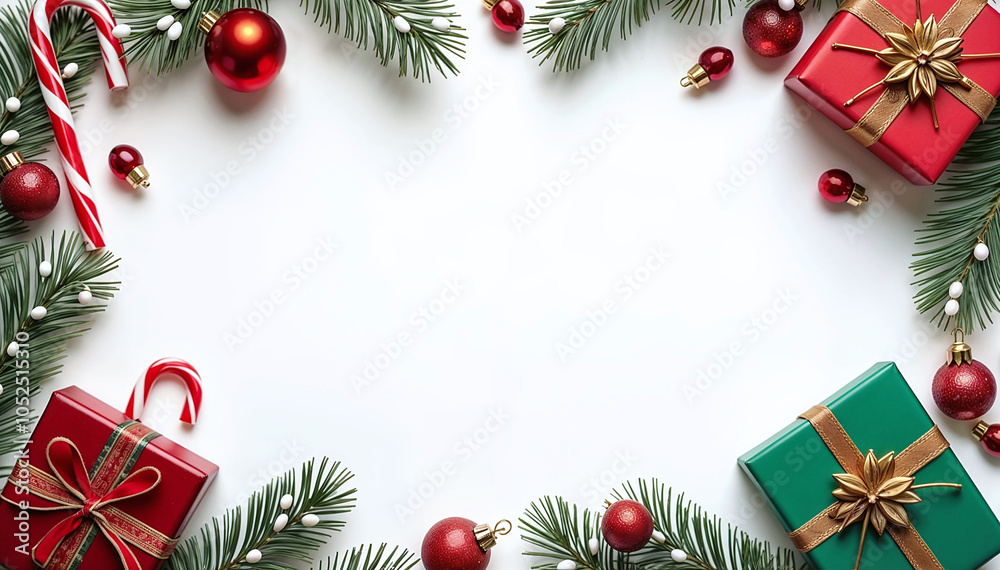 Holiday layout with white background and central copy space, colorful gifts, candy canes, ornaments and festive wreaths for a classic and elegant celebration. Holiday layout with white background and central copy space, colorful gifts, candy canes, ornaments and festive wreaths for a classic and elegant celebration.