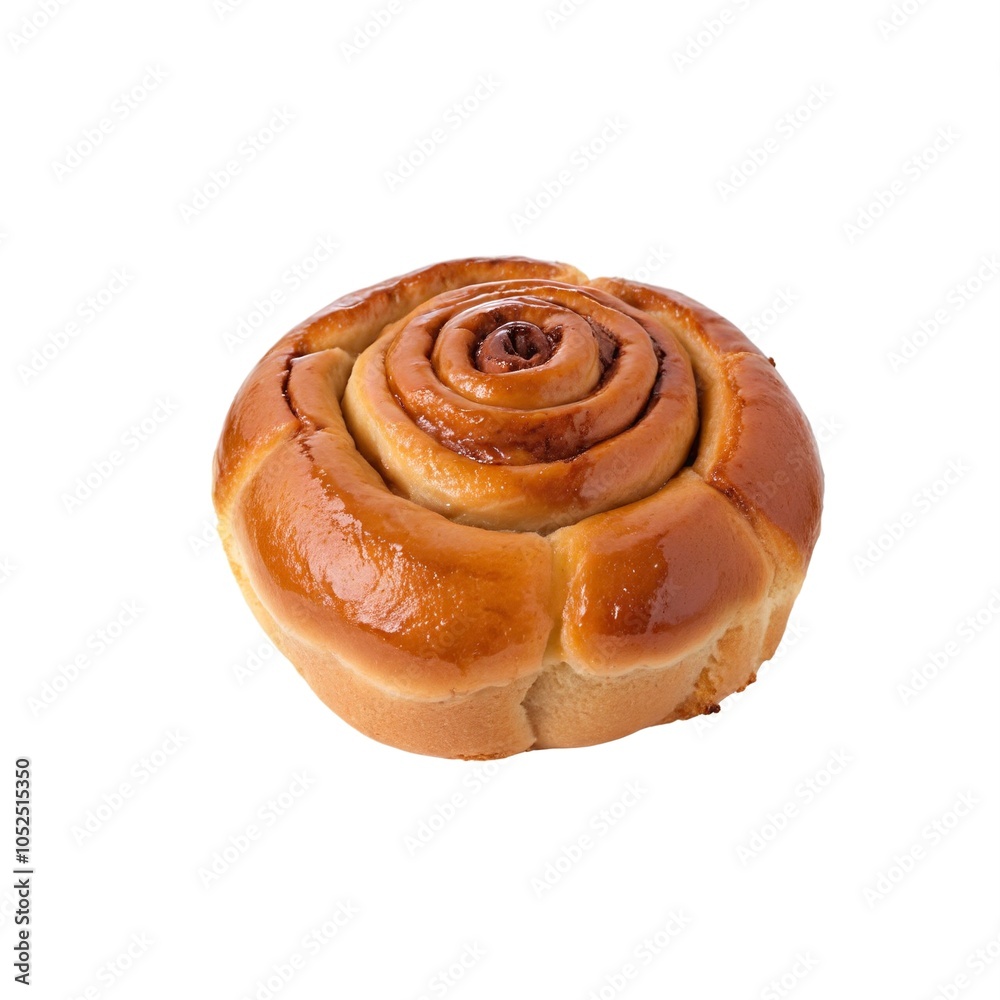 Freshly Baked Cinnamon Roll with Glazed Spiral Swirl on White Background Freshly Baked Cinnamon Roll with Glazed Spiral Swirl on White Background
