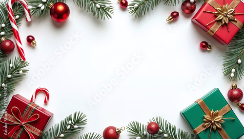 Holiday layout with white background and central copy space, colorful gifts, candy canes, ornaments and festive wreaths for a classic and elegant celebration.