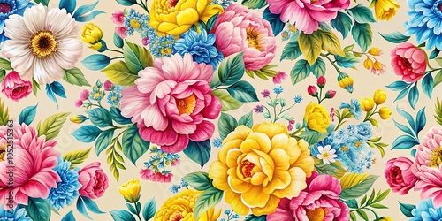 Vibrant Flower Pattern with Pink, Yellow, and Blue Blooms for Home Decor and Fashion Products