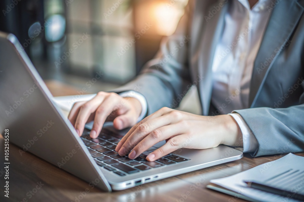A close-up image of a person's hands typing on a sleek silver laptop keyboard A close-up image of a person's hands typing on a sleek silver laptop keyboard