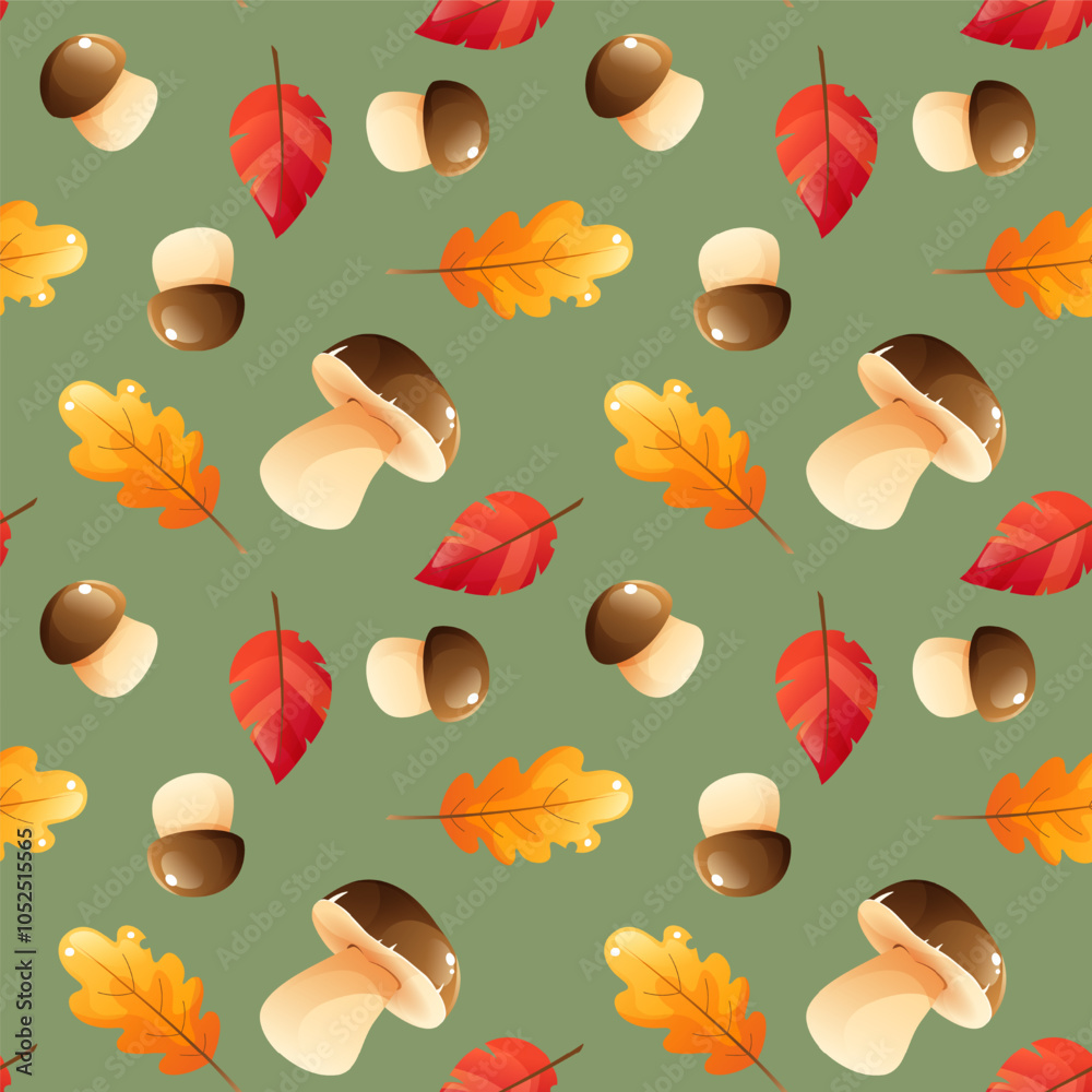 Autumn seamless pattern with autumn leaves and mushrooms on a green background. Vector seamless background of autumn, falling oak and birch leaves, boletus. Pattern for textiles, gift wrapping. Autumn seamless pattern with autumn leaves and mushrooms on a green background. Vector seamless background of autumn, falling oak and birch leaves, boletus. Pattern for textiles, gift wrapping.