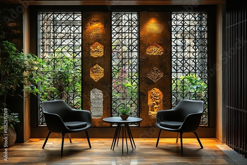 Two elegant black chairs and a modern table create a serene sitting area by a uniquely designed window. photo