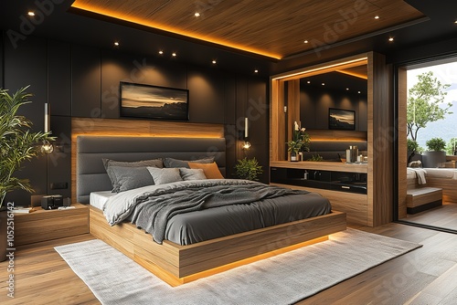 A modern bedroom with a luxurious feel, featuring dark walls, warm wood accents, and ambient lighting. photo