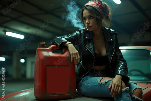 young american Woman with red bandana sit on hood of retro car, hold plastic jerrycan canister. jerry can need of benzine oil diesel fuel Rebel lady girl smoking cigarette in garage parking background photo