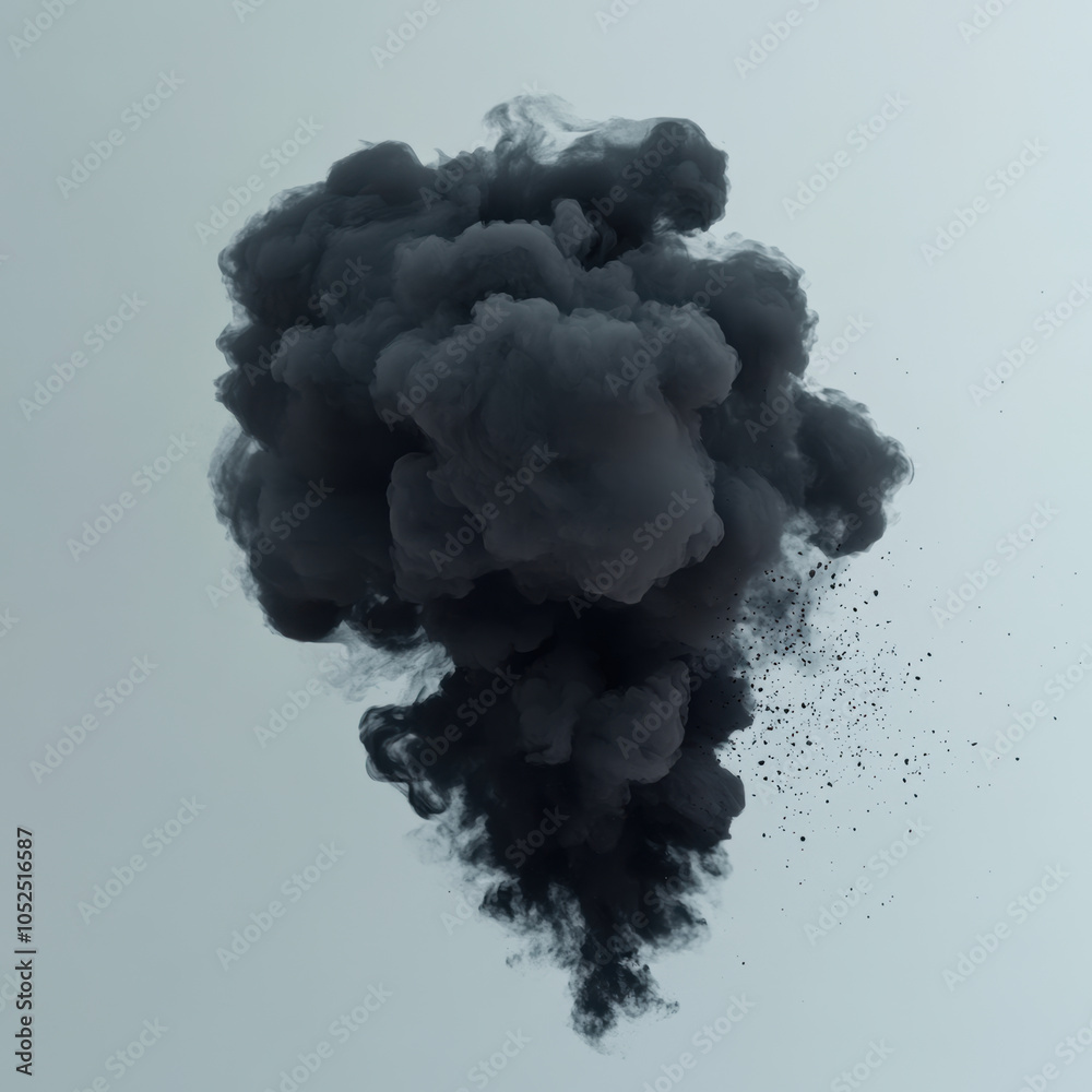 dramatic and abstract image of black smoke swirling in cloud like formation against white background