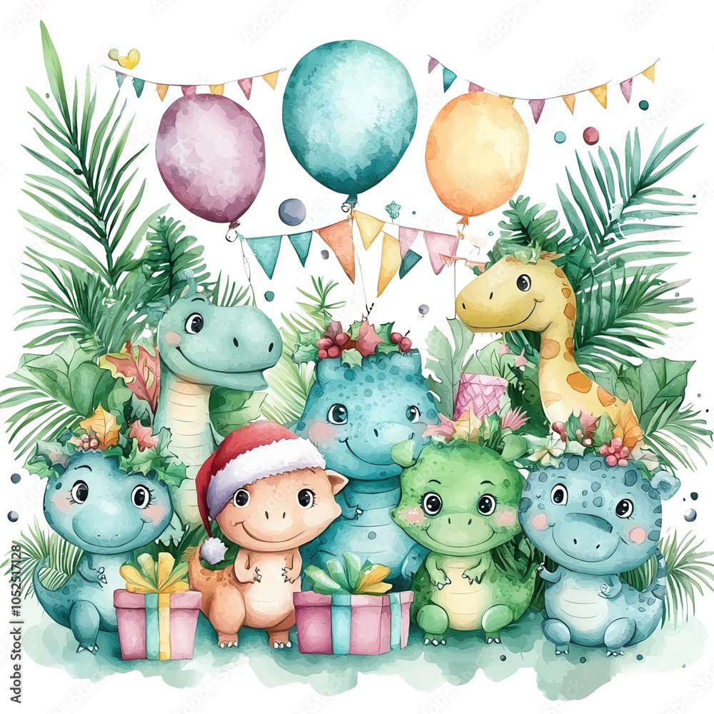 Naklejka premium A festive illustration of cute dinosaurs and a pig celebrating with gifts, balloons, and tropical foliage for a joyful party theme.