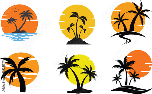 Palm tree sunset vector on island. Vector illustration on white background