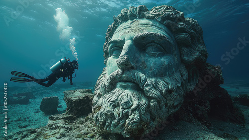 Scuba diver looks at giant stone head in sea, old temple ruins underwater, Ancient statue under blue water on seabed. Concept of history, antique, Neptune, archeology photo