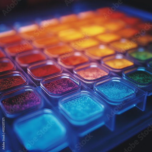 Colorful arrangement of small containers filled with vibrant powders.