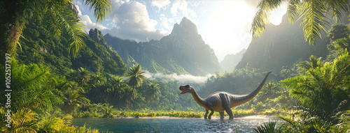 Obraz na płótnie Dinosaur in jungle of Jurassic era, prehistoric animal near water in tropical forest, panoramic view. Concept of movie, summer, reptile, extinct. w salonie